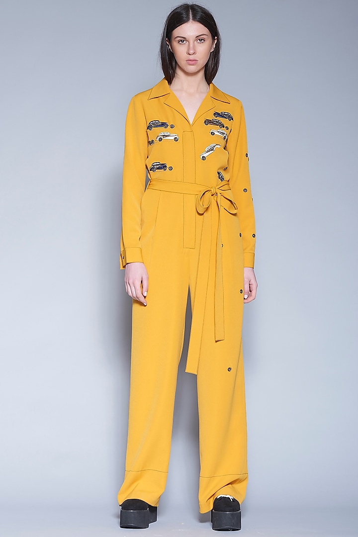 Yellow Hand Embroidered Jumpsuit With Belt by Shahin Mannan