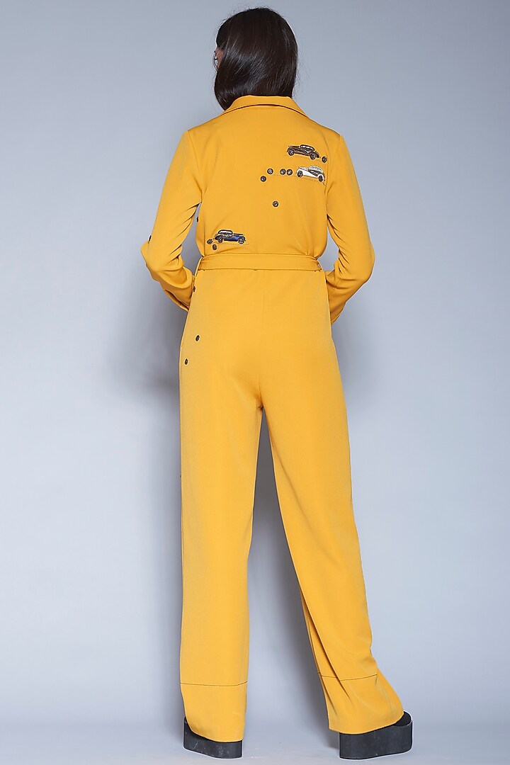 Yellow Hand Embroidered Jumpsuit With Belt by Shahin Mannan at Pernia's Pop Up Shop