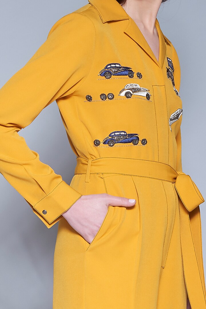 Yellow Hand Embroidered Jumpsuit With Belt by Shahin Mannan at Pernia's Pop Up Shop