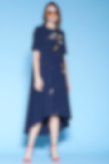 Navy Blue Embroidered High-Low Dress by Shahin Mannan