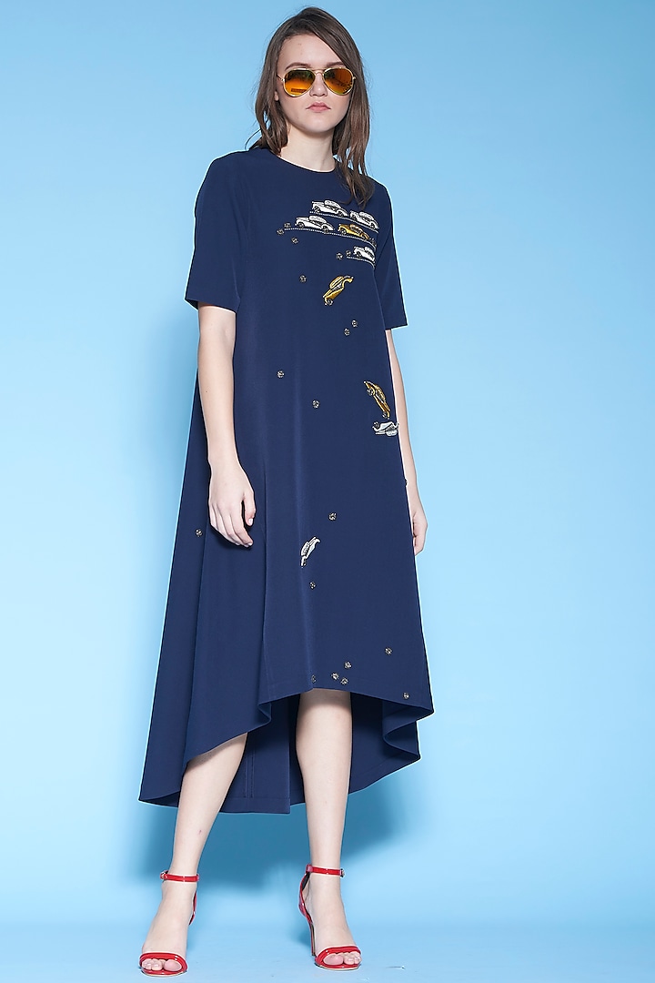 Navy Blue Embroidered High-Low Dress by Shahin Mannan