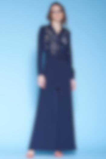 Navy Blue Hand Embroidered Jumpsuit by Shahin Mannan