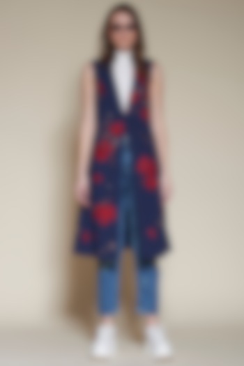 Navy Blue Flared Jacket With Floral Embroidery by Shahin Mannan