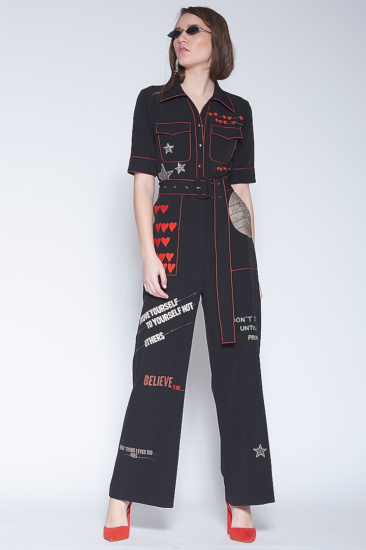 Black Embroidered Jumpsuit With Belt by Shahin Mannan at Pernia's Pop Up Shop