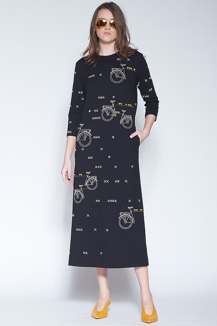 Black Hand Embroidered Midi Dress by Shahin Mannan