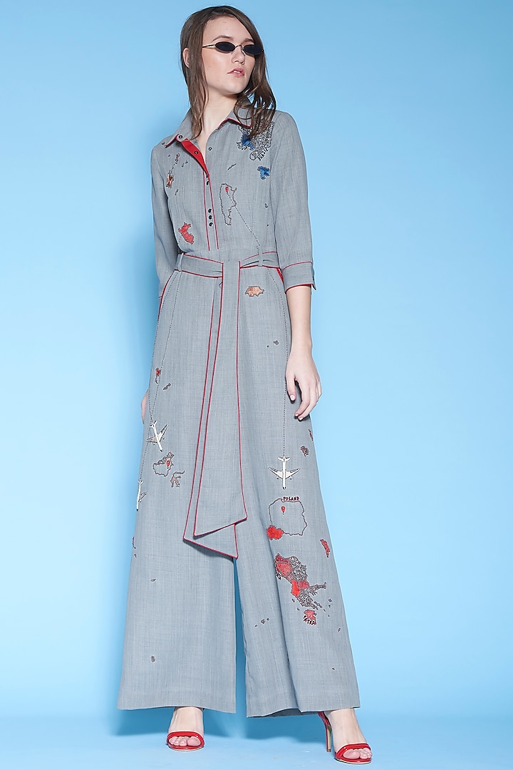 Grey Embroidered Jumpsuit With Snap Buttons by Shahin Mannan