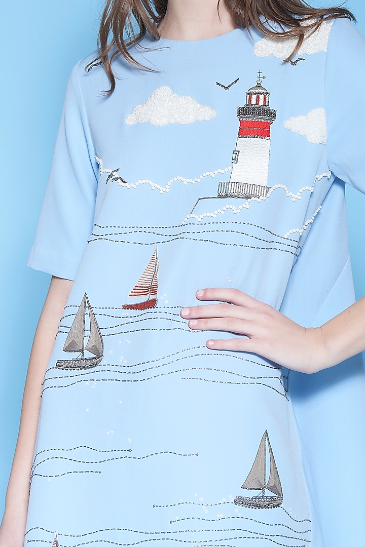 Light Blue Embroidered High-Low Cocktail Dress by Shahin Mannan at Pernia's Pop Up Shop