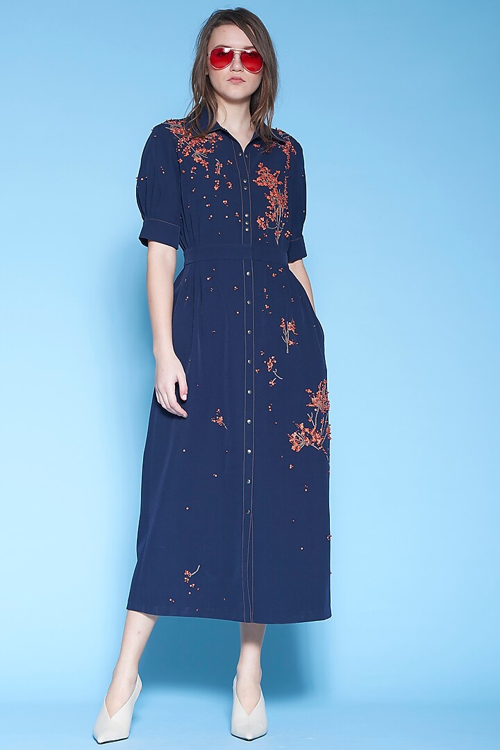Navy Blue Pleated & Embroidered Dress by Shahin Mannan