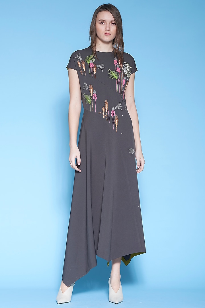 Dark Grey Embroidered Asymmetric Dress by Shahin Mannan