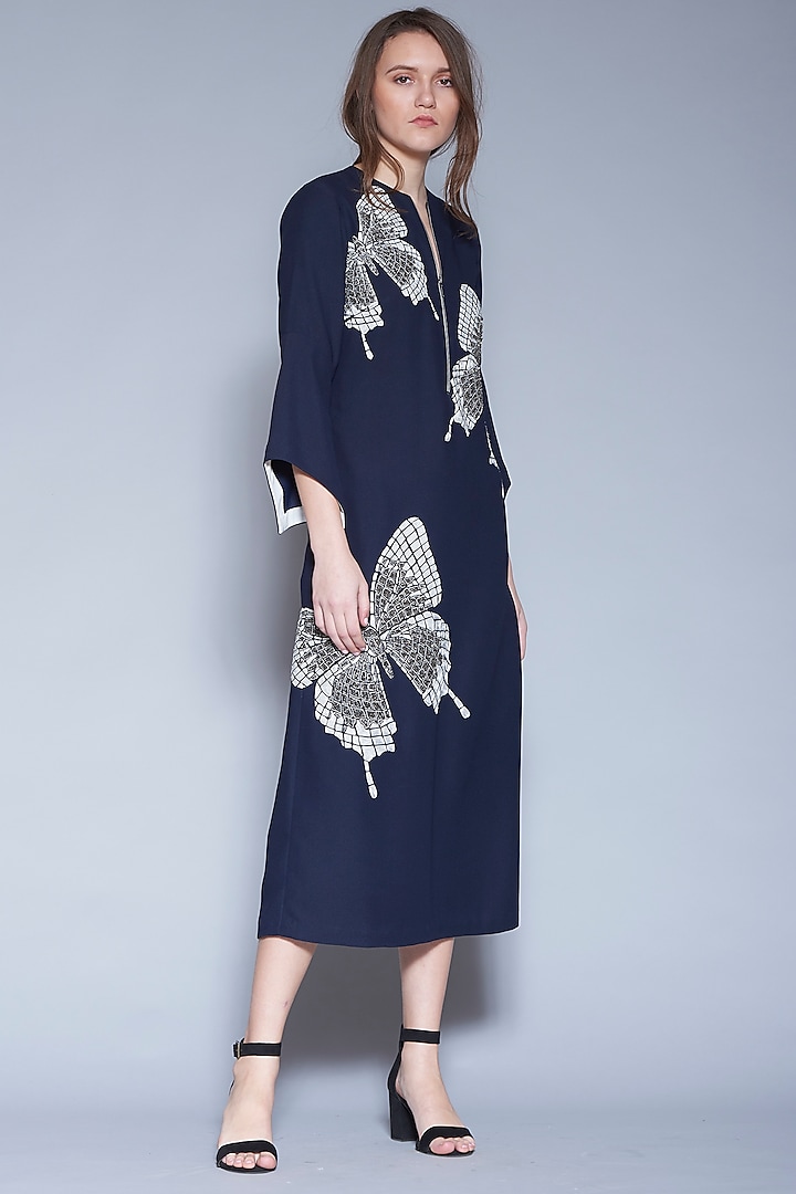 Navy Blue Butterfly Embroidered Dress by Shahin Mannan