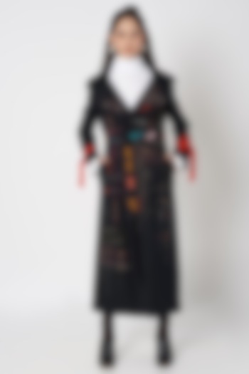 Black Embellished Oversized Long Coat by Shahin Mannan