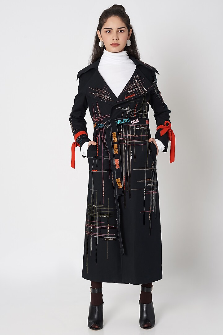 Black Embellished Oversized Long Coat by Shahin Mannan