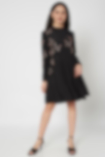 Black Embellished Gathered Mini Dress by Shahin Mannan