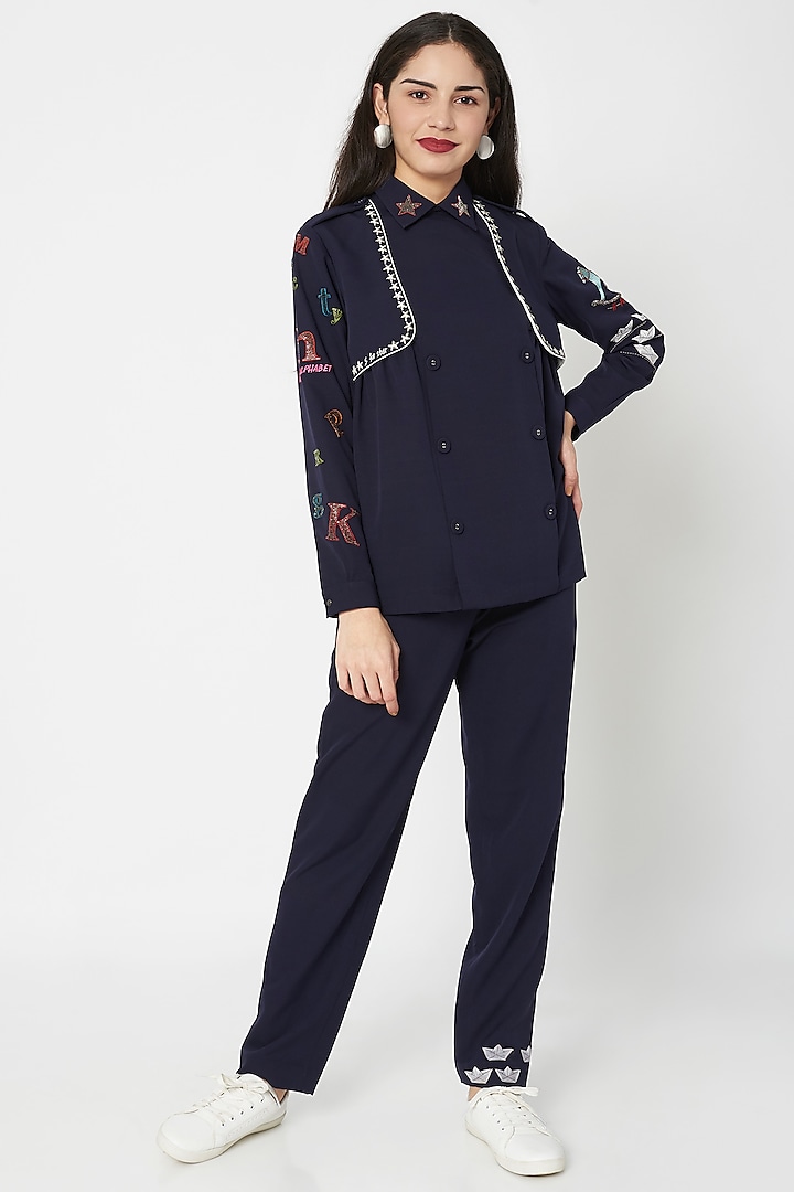 Midnight Blue Embellished Trench Top With Pants by Shahin Mannan