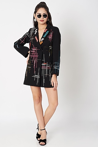 Black Embellished Double Breasted Coat Dress by Shahin Mannan