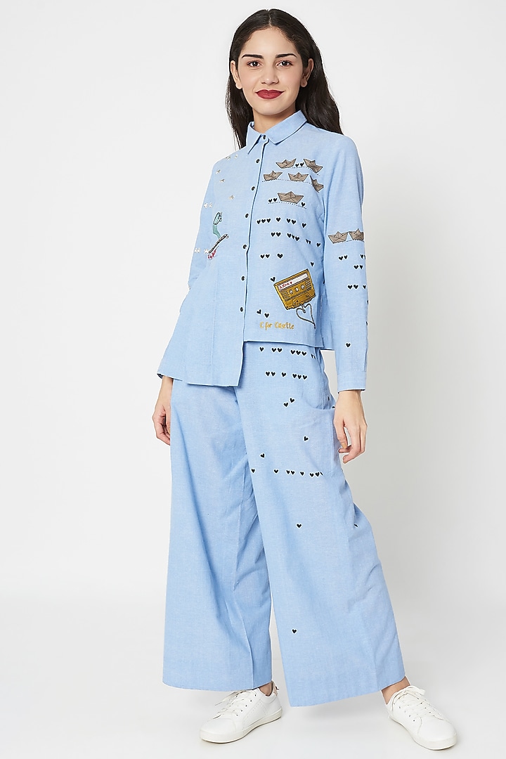 Light Blue Embellished Shirt With Flared Pants by Shahin Mannan
