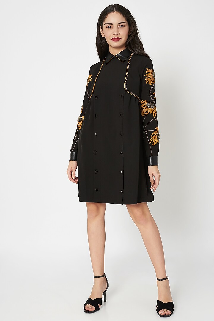 Black Embellished Gathered Trench Dress by Shahin Mannan