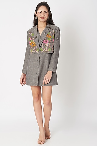 Grey Embellished Layered Coat Dress by Shahin Mannan