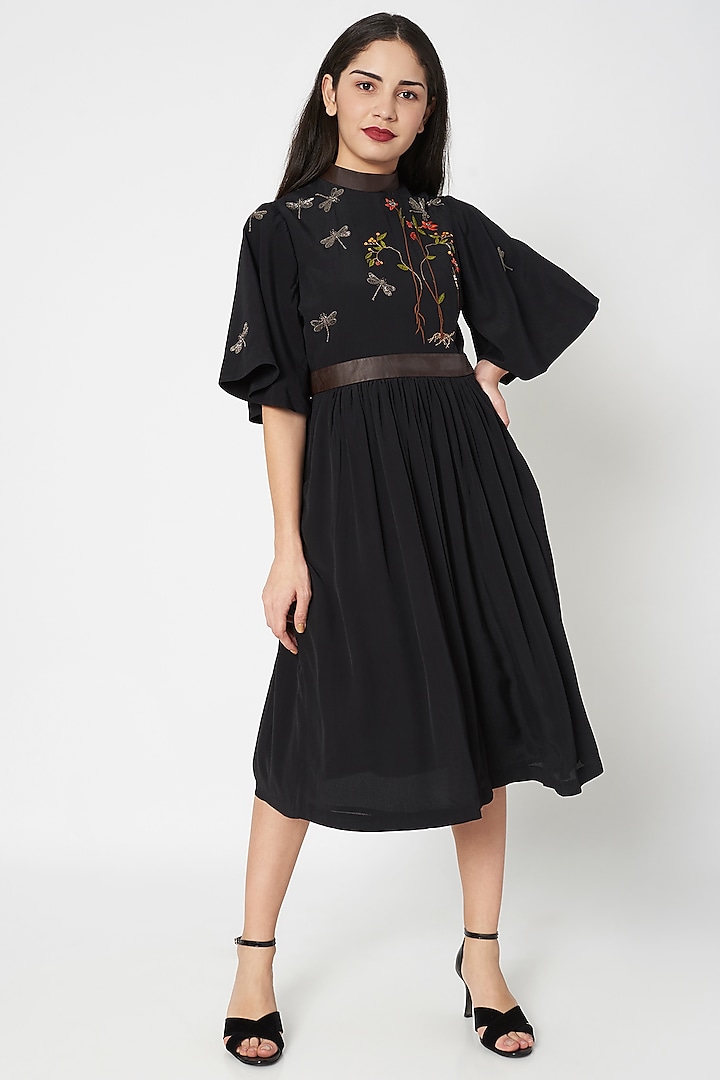 Black Embellished Gathered Midi Dress With Leather Belt by Shahin Mannan