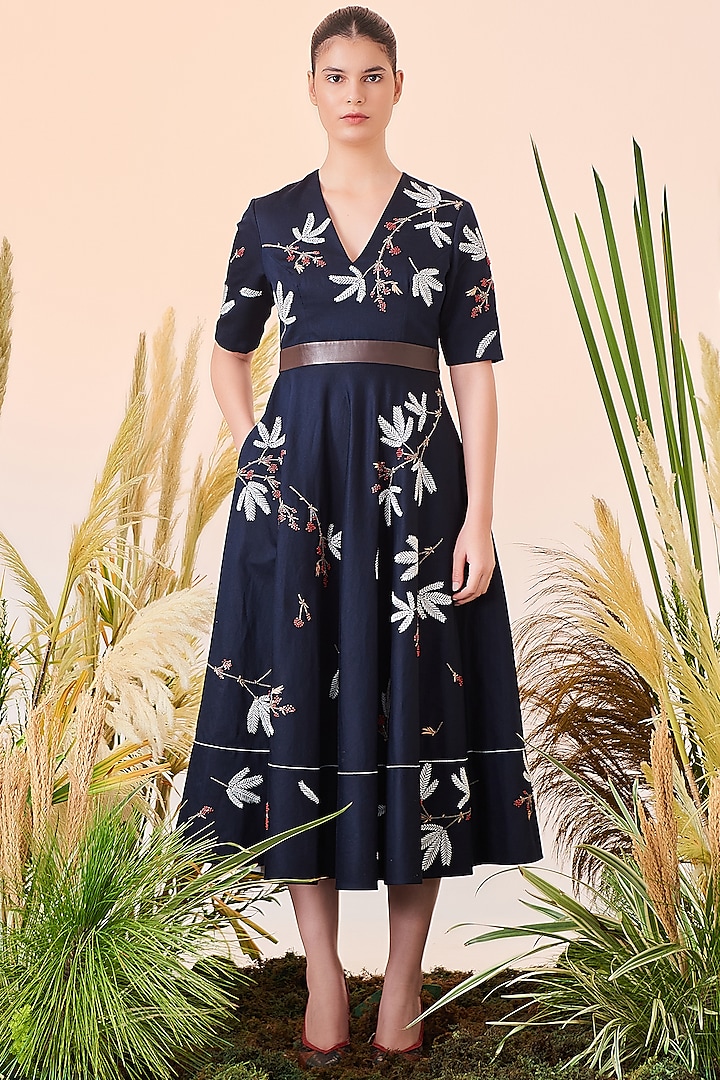 Navy Blue Embroidered Circular Dress by Shahin Mannan at Pernia's Pop Up Shop