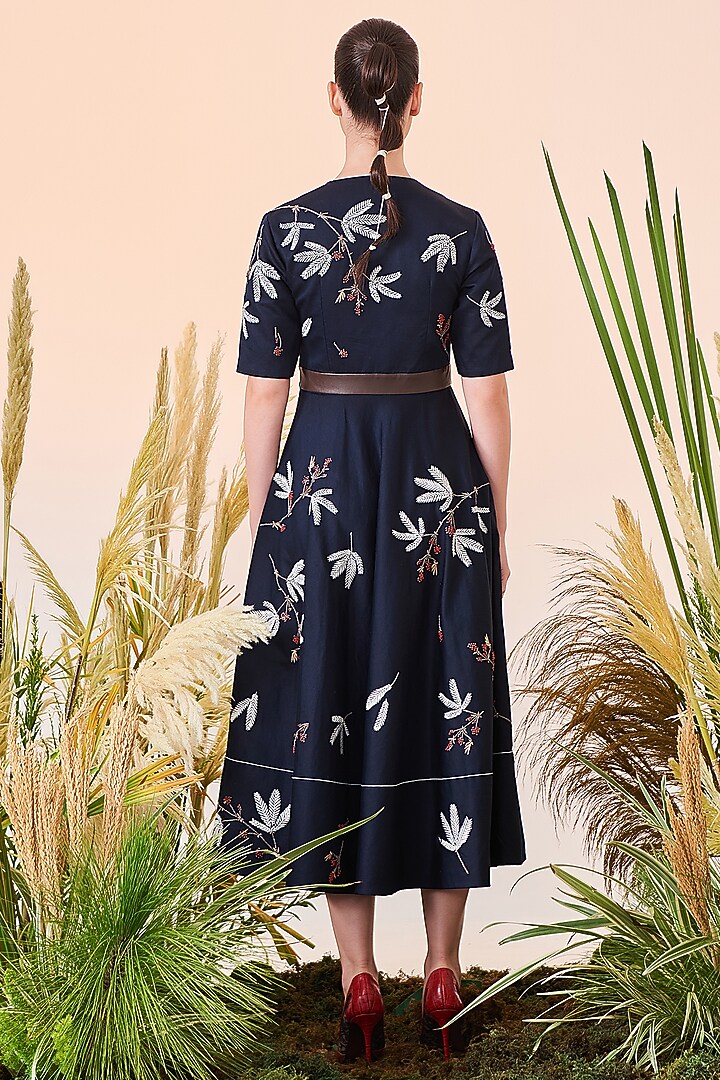 Navy Blue Embroidered Circular Cocktail Dress by Shahin Mannan at Pernia's Pop Up Shop