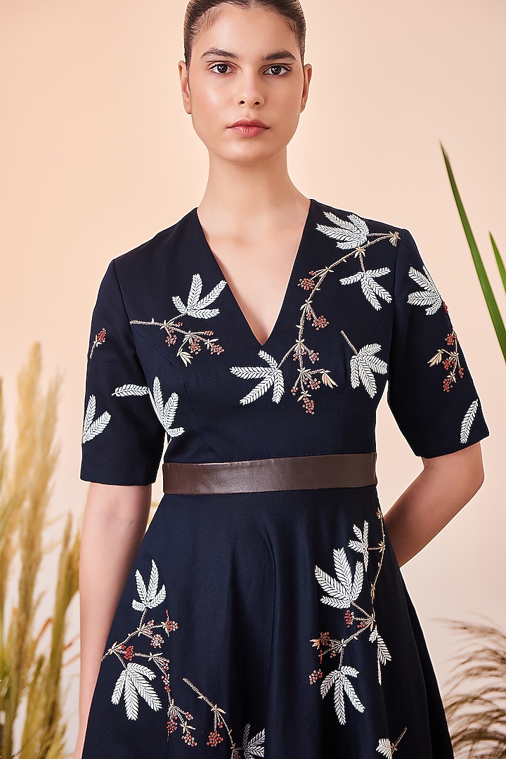 Navy Blue Embroidered Circular Cocktail Dress by Shahin Mannan at Pernia's Pop Up Shop