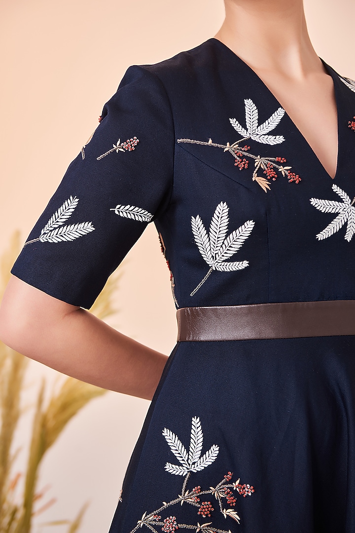 Navy Blue Embroidered Circular Cocktail Dress by Shahin Mannan at Pernia's Pop Up Shop