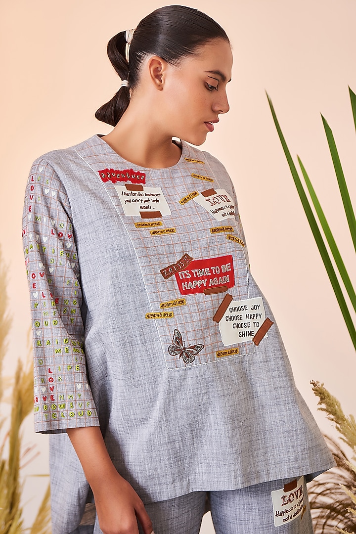 Silver Grey Embroidered Top by Shahin Mannan at Pernia's Pop Up Shop