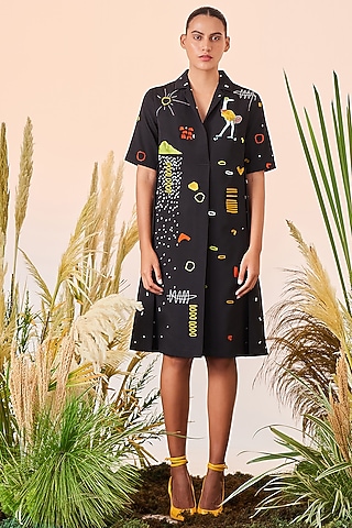 Black Double Crepe Panelled Dress by Shahin Mannan