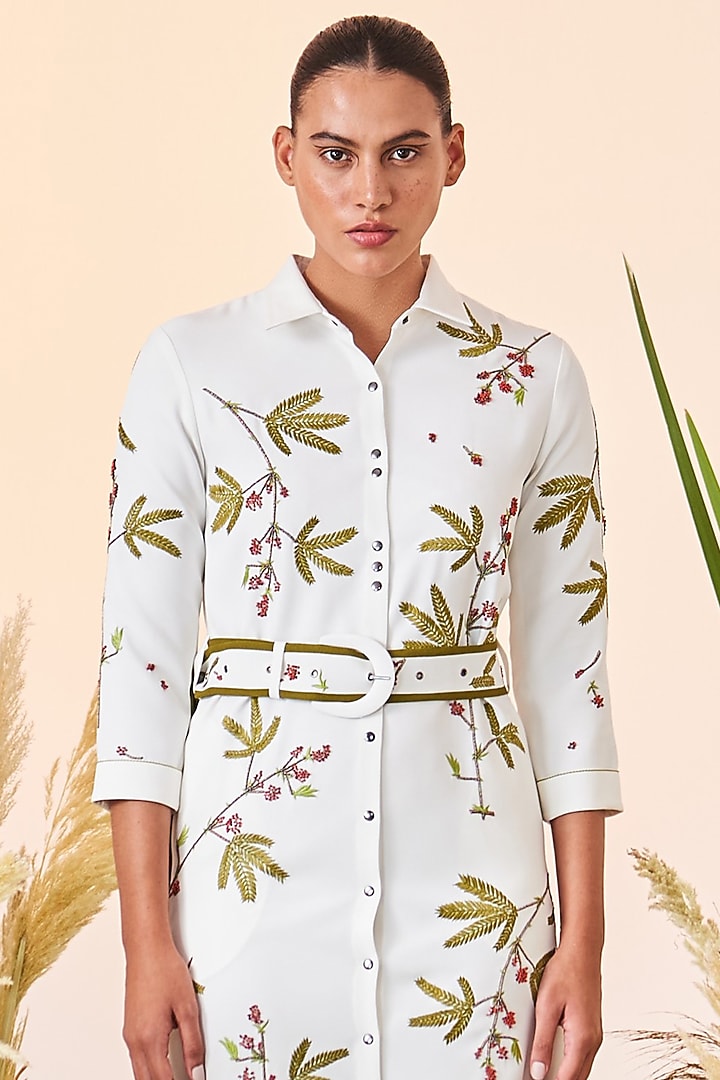 Ivory Embroidered Cocktail Shirt Dress by Shahin Mannan at Pernia's Pop Up Shop