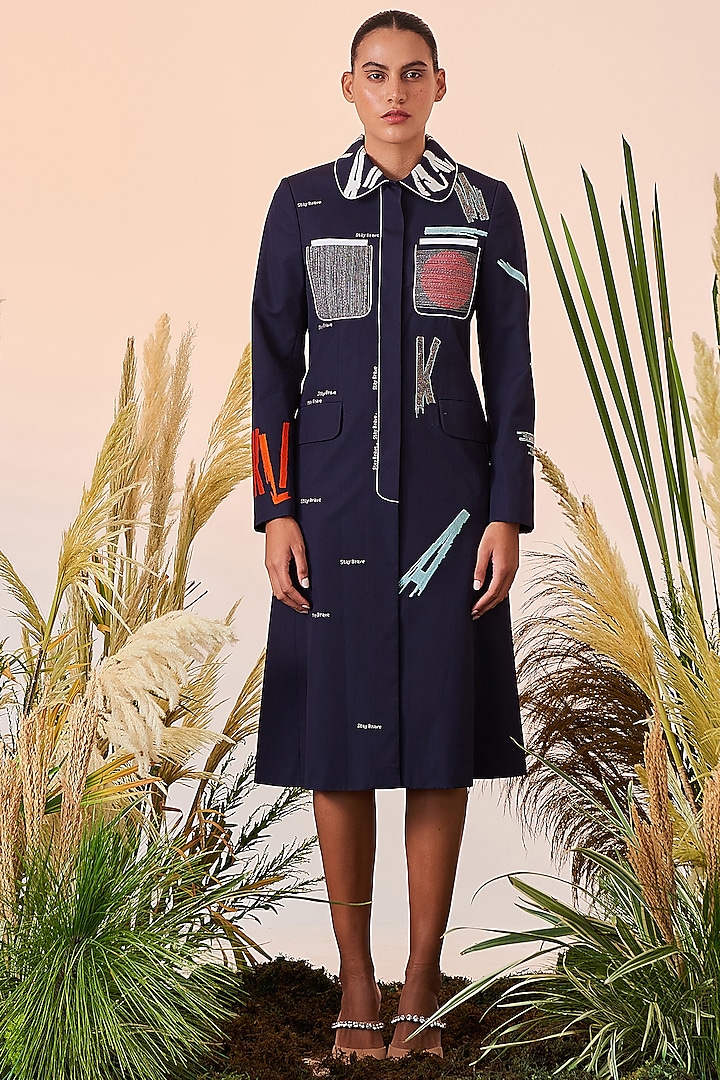 Navy Blue Embroidered Coat Dress by Shahin Mannan