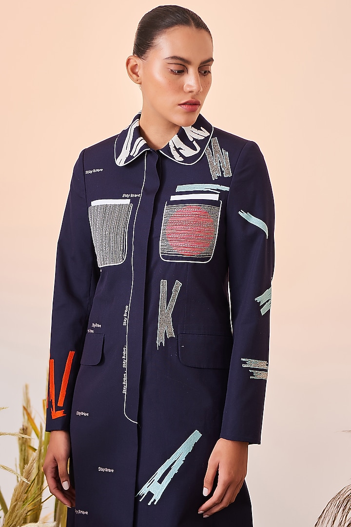 Navy Blue Embroidered Coat Cocktail Dress by Shahin Mannan at Pernia's Pop Up Shop