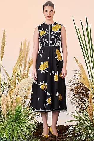 Black Embroidered Midi Dress by Shahin Mannan