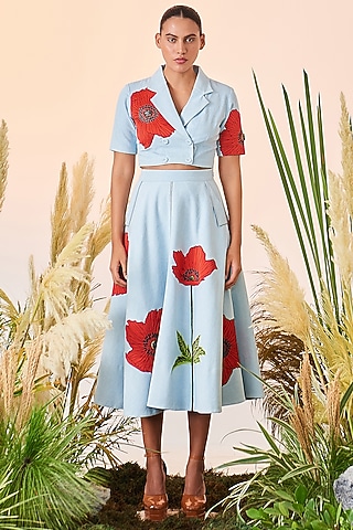 Light Blue Embroidered Skirt Set by Shahin Mannan