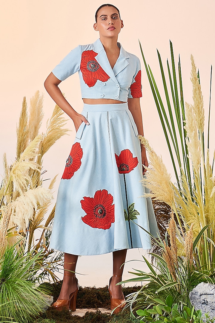 Light Blue Embroidered Overlaped Top by Shahin Mannan