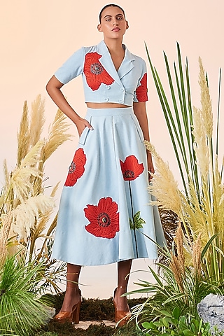 Light Blue Embroidered Overlaped Top by Shahin Mannan