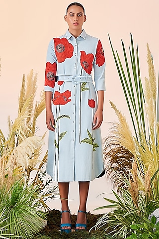 Light Blue Embroidered Midi Dress by Shahin Mannan