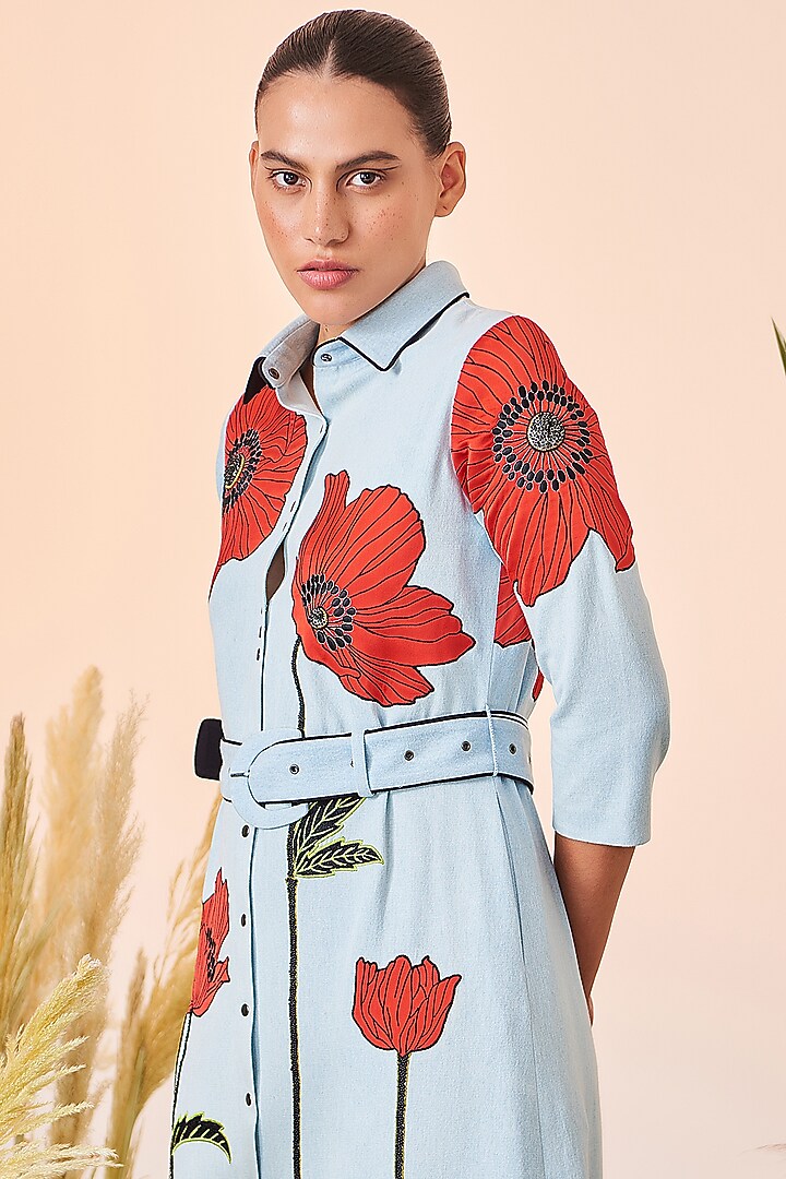 Light Blue Embroidered Midi Cocktail Dress by Shahin Mannan at Pernia's Pop Up Shop