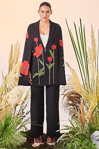 Black Embroidered Cape Set by Shahin Mannan