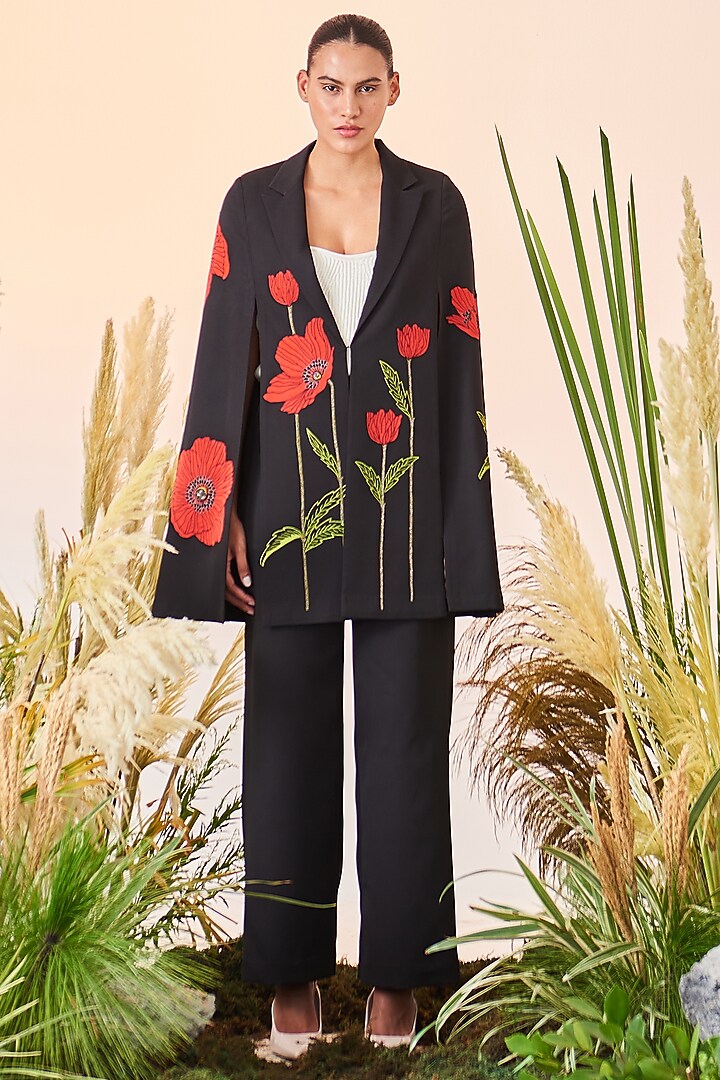 Black Embroidered Cape by Shahin Mannan at Pernia's Pop Up Shop