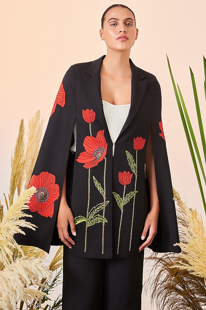 Black Embroidered Cape by Shahin Mannan at Pernia's Pop Up Shop