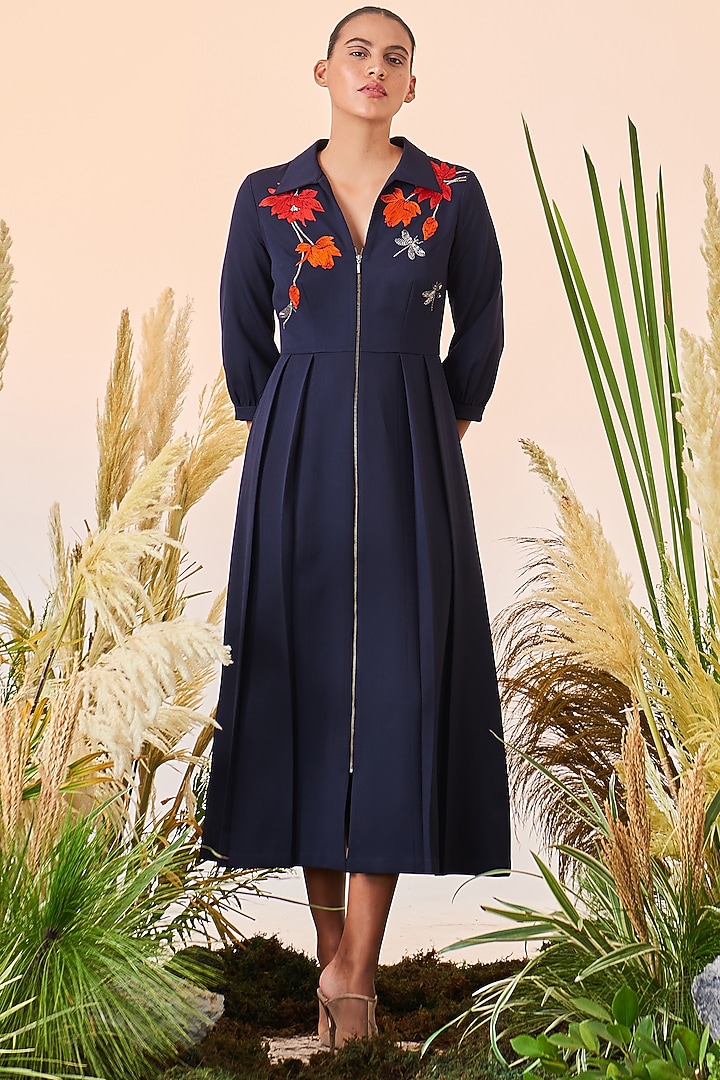 Navy Blue Embroidered Cocktail Dress by Shahin Mannan at Pernia's Pop Up Shop