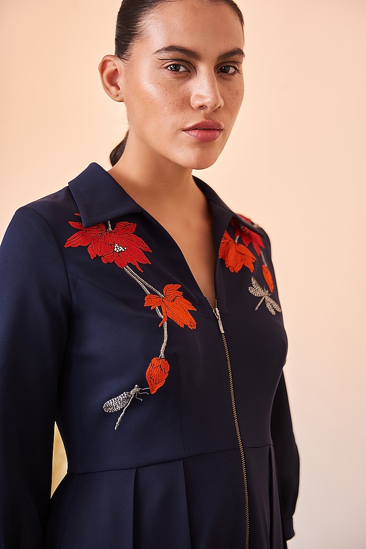 Navy Blue Embroidered Cocktail Dress by Shahin Mannan at Pernia's Pop Up Shop