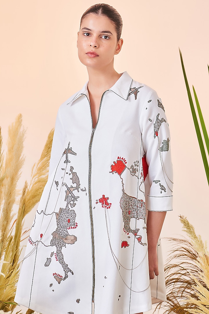 White Embroidered Cocktail Shirt Dress by Shahin Mannan at Pernia's Pop Up Shop