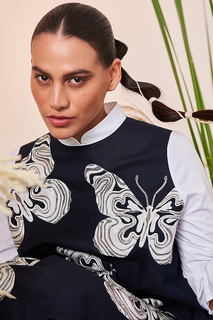 Navy Blue Embroidered Flared Cocktail Dress by Shahin Mannan at Pernia's Pop Up Shop