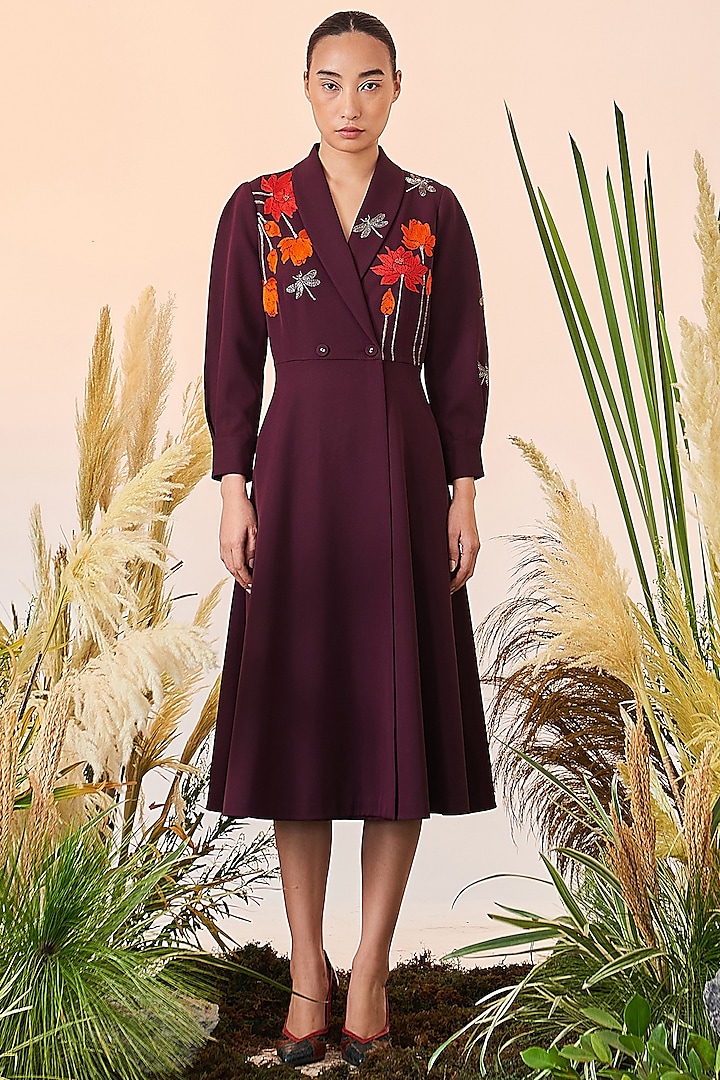 Wine Embroidered Midi Dress by Shahin Mannan at Pernia's Pop Up Shop