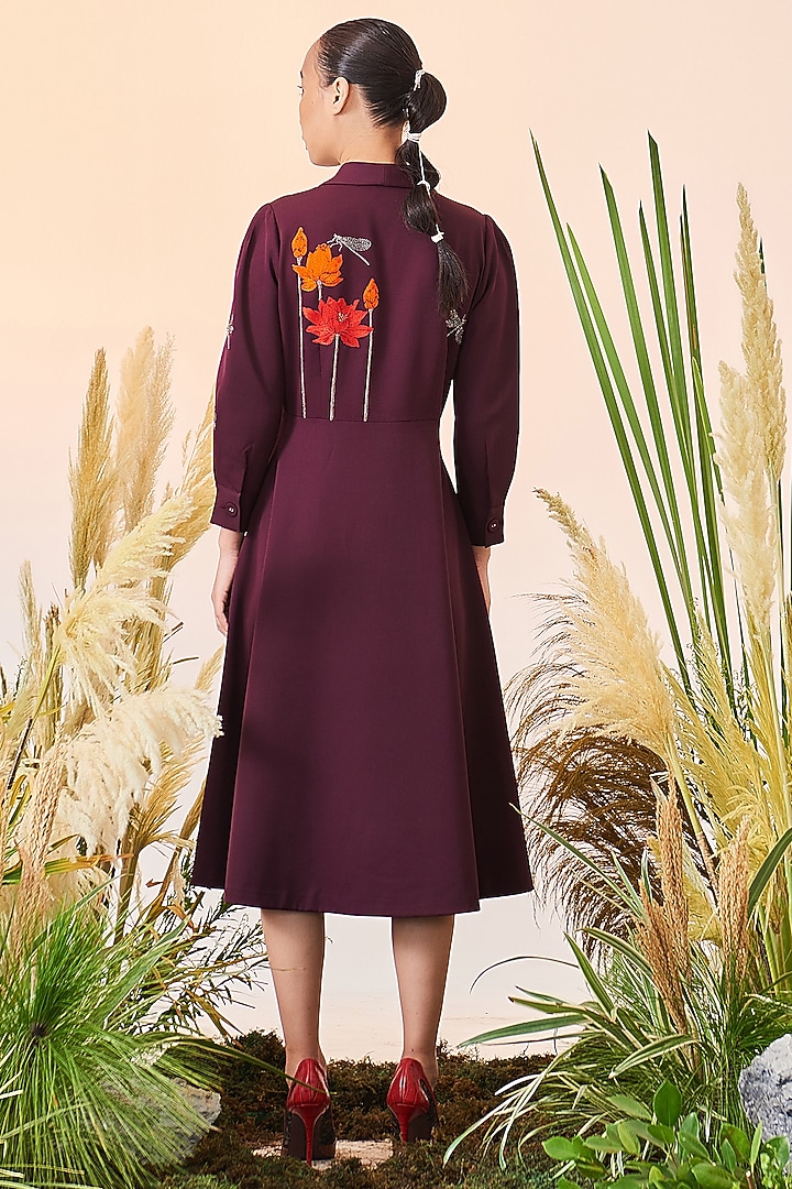 Wine Embroidered Midi Cocktail Dress by Shahin Mannan at Pernia's Pop Up Shop