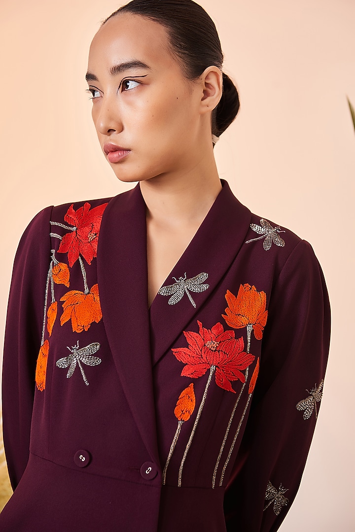 Wine Embroidered Midi Cocktail Dress by Shahin Mannan at Pernia's Pop Up Shop