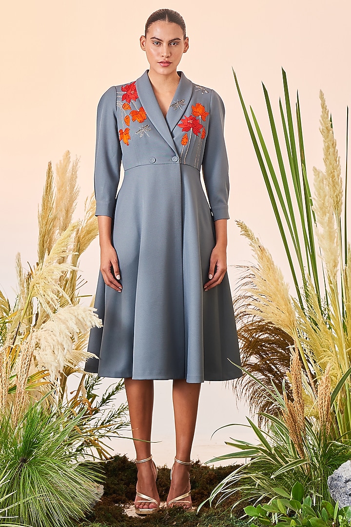 Smoke Green Embroidered Midi Cocktail Dress by Shahin Mannan at Pernia's Pop Up Shop