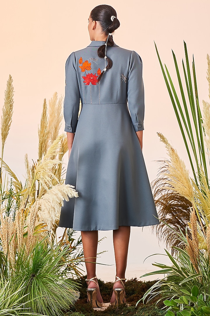 Smoke Green Embroidered Midi Cocktail Dress by Shahin Mannan at Pernia's Pop Up Shop